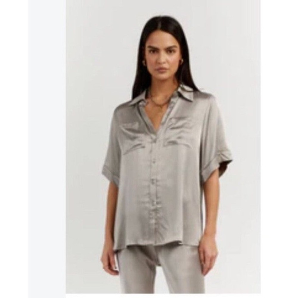 DISSH Womens Simone Short Sleeve Button Up satin Boxy Minimalist metallic top 6